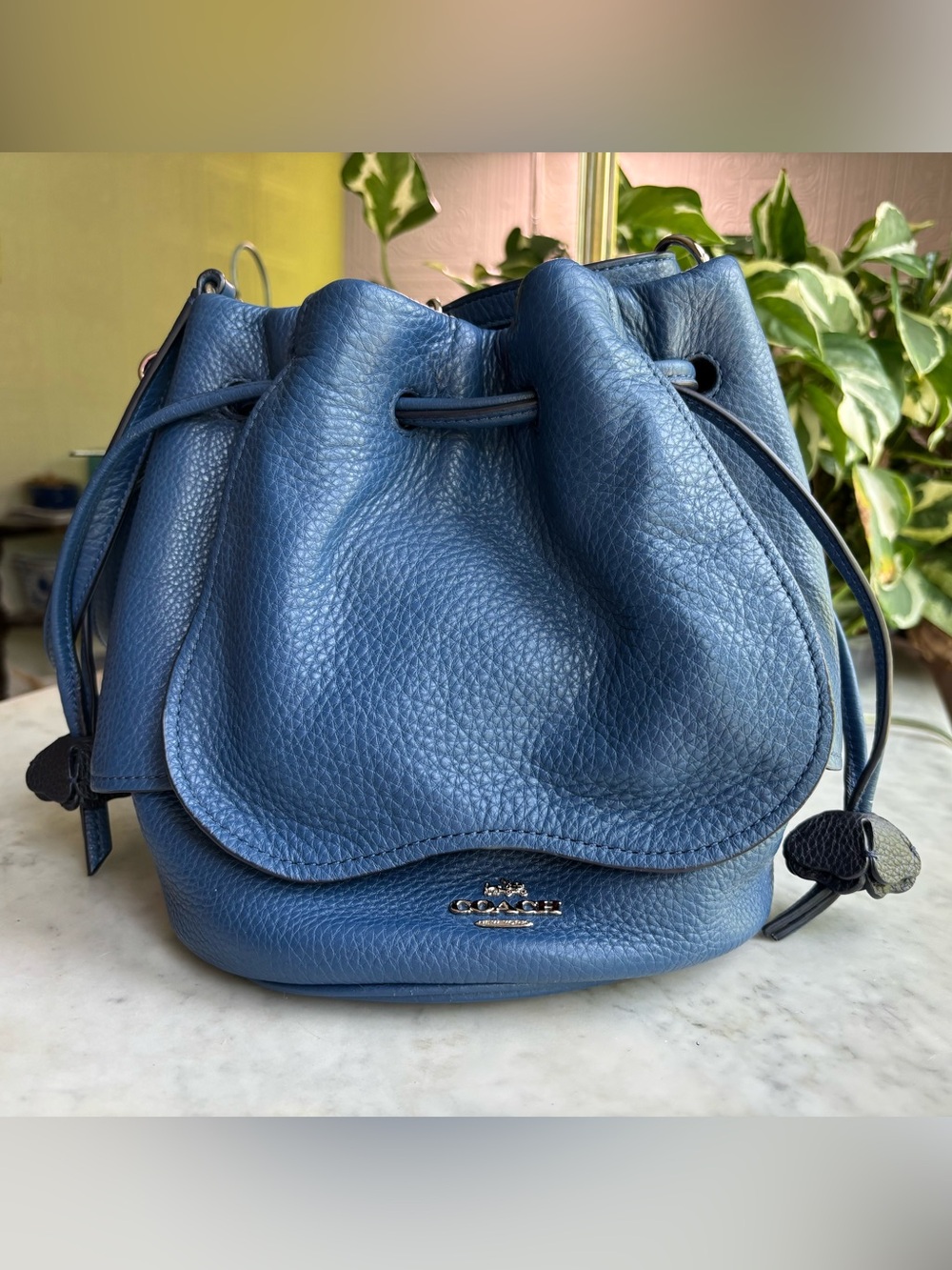 COACH Pebbled Leather Blue Drawstring Bucket Bag - Coach Signature